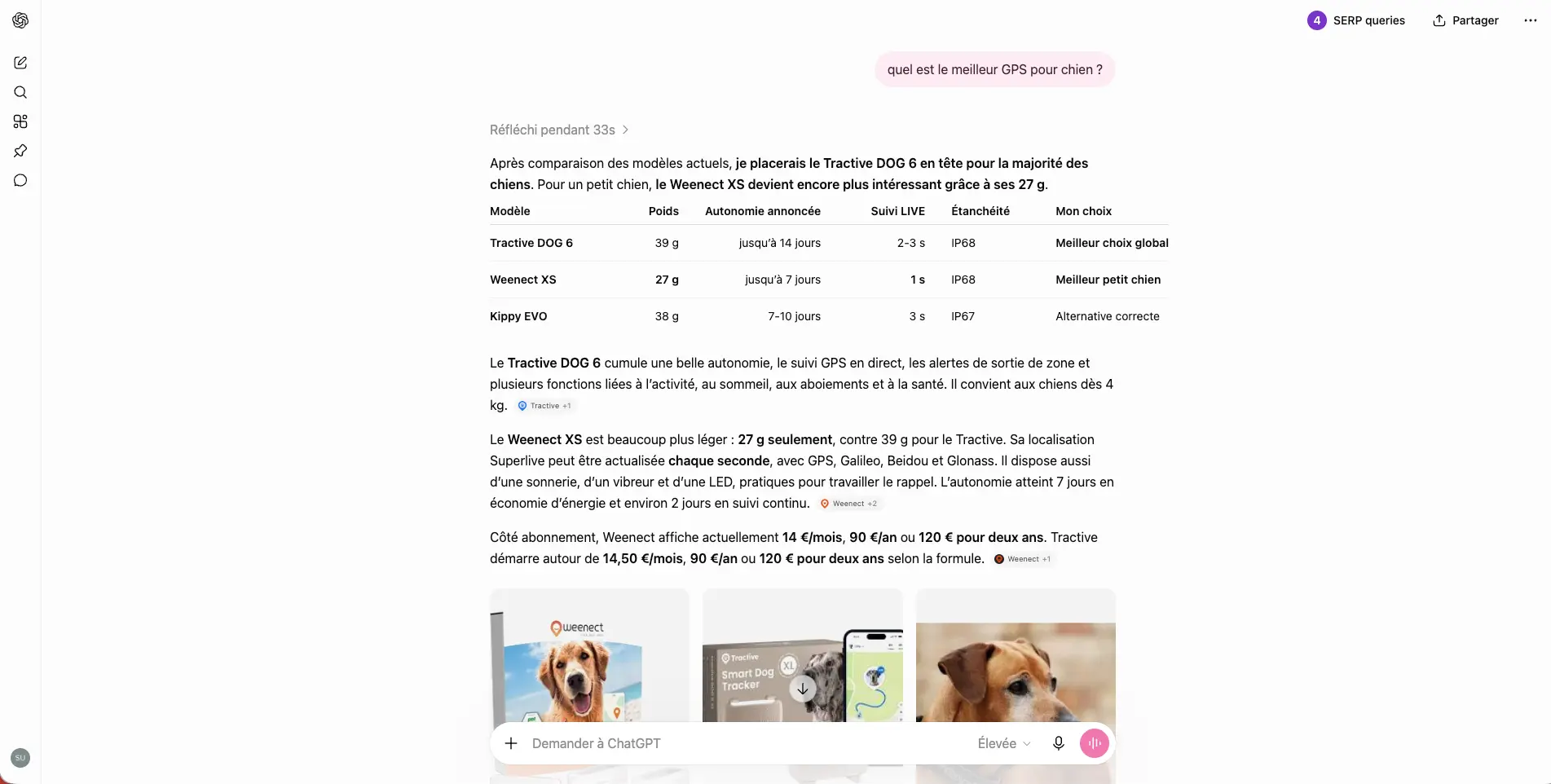 Kippy apparaît en troisième position dans une réponse ChatGPT au prompt quel est le meilleur GPS pour chien