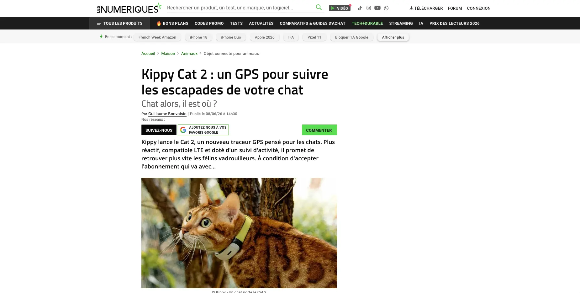 Article des Numériques consacré au GPS Kippy Cat 2