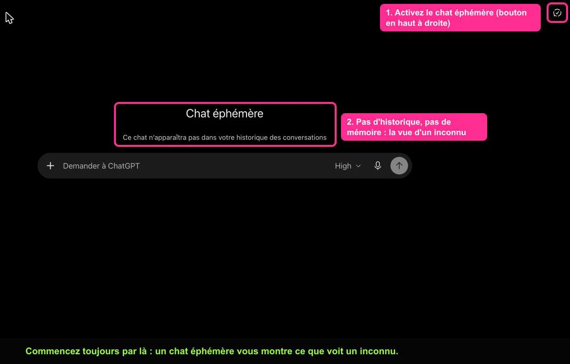Interface ChatGPT avec le bouton de chat éphémère mis en évidence