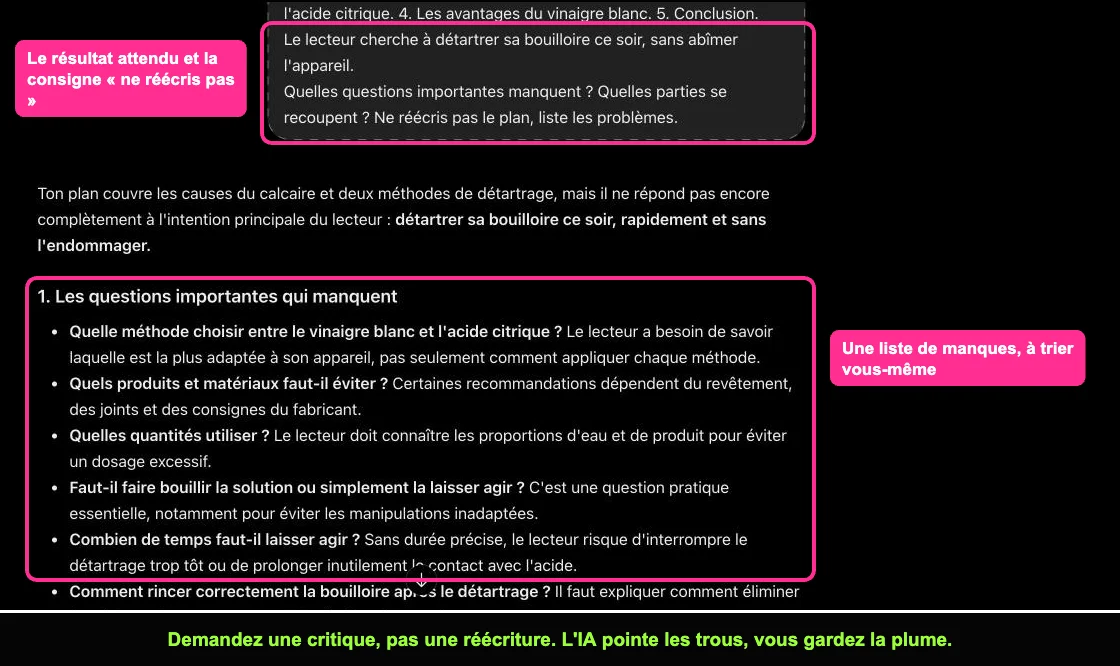 Conversation ChatGPT avec une consigne de critique de plan d'article et la liste des problèmes relevés