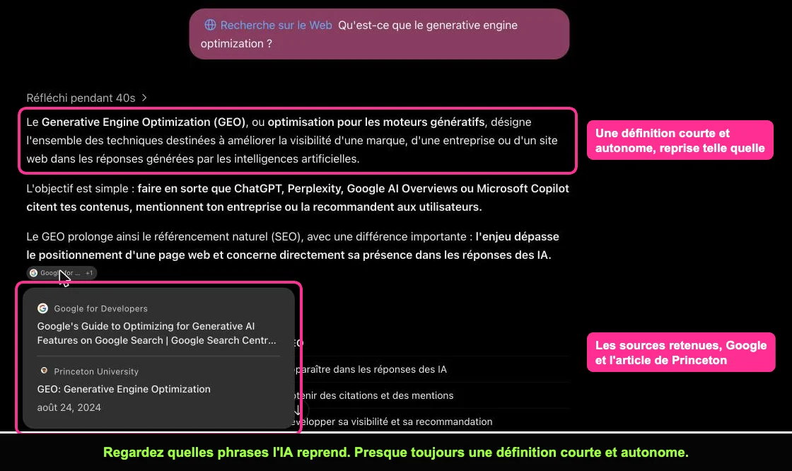 Réponse de ChatGPT sur le generative engine optimization avec la définition reprise et les sources citées