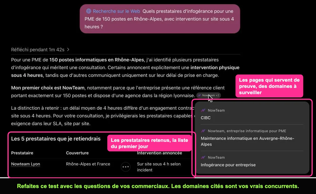 Réponse d'un assistant IA avec la liste des prestataires et les pages citées
