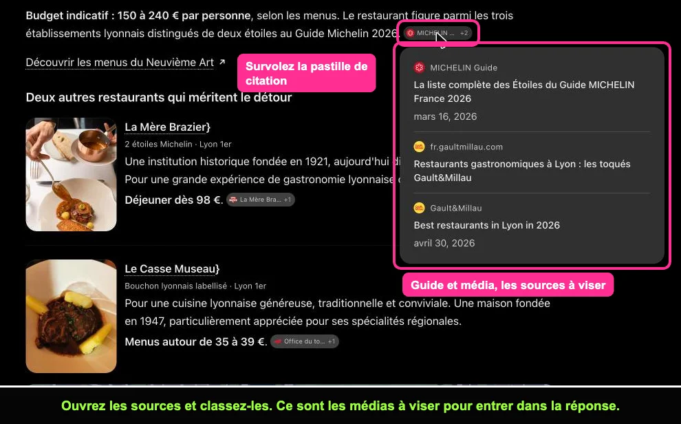 Réponse de ChatGPT à la question du meilleur restaurant à Lyon avec les sources citées, Guide Michelin et Gault&Millau