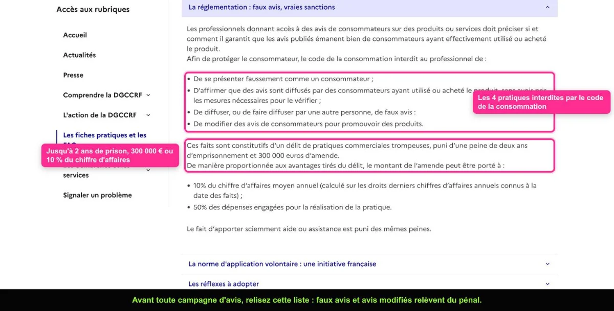 Fiche pratique de la DGCCRF listant les pratiques interdites sur les avis en ligne et les sanctions
