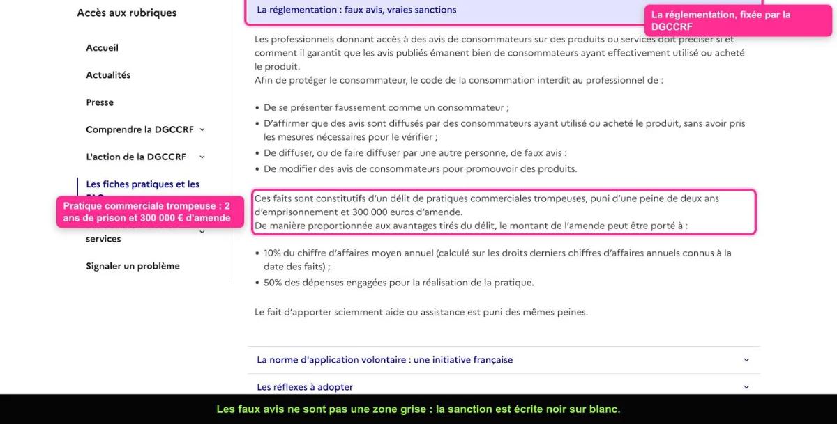 Fiche pratique de la DGCCRF sur les faux avis en ligne et les sanctions prévues