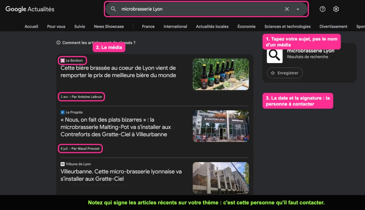 Recherche Google Actualités sur un sujet local avec le nom du média, la date et la signature des journalistes