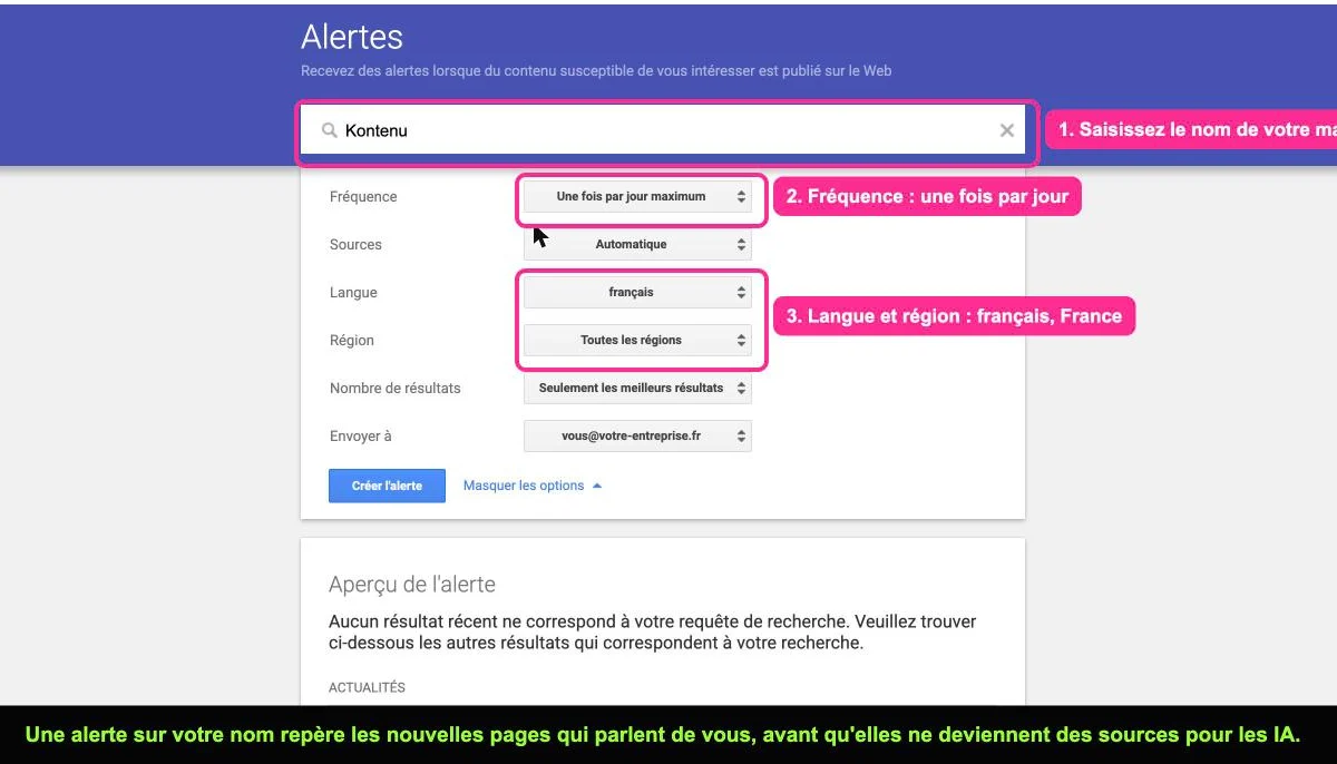 Page de création d'une alerte Google Alertes avec les options de fréquence, langue et région