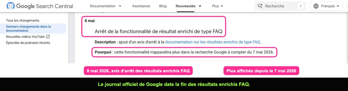 Journal des mises à jour de Google Search Central annonçant l'arrêt des résultats enrichis FAQ