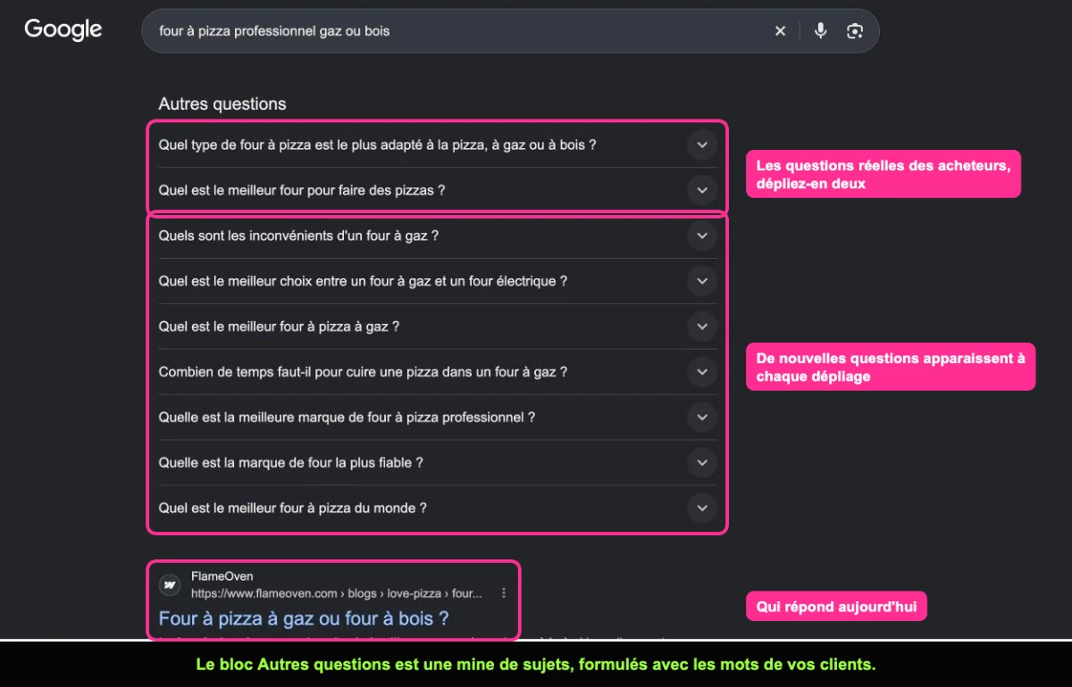 Résultats Google avec le bloc Autres questions pour un four à pizza professionnel