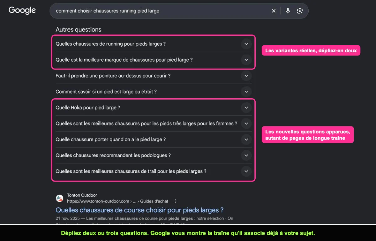 Bloc Autres questions de Google pour une requête de longue traîne sur les chaussures de running