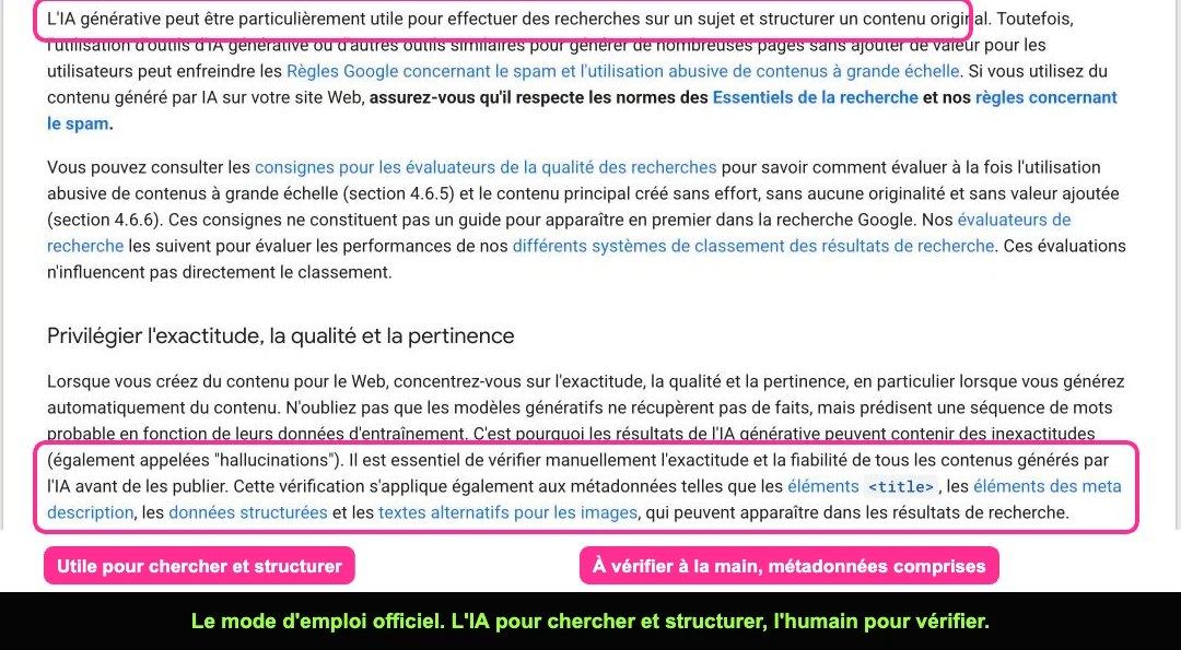 Documentation Google Search Central sur l'utilisation de l'IA générative pour créer du contenu