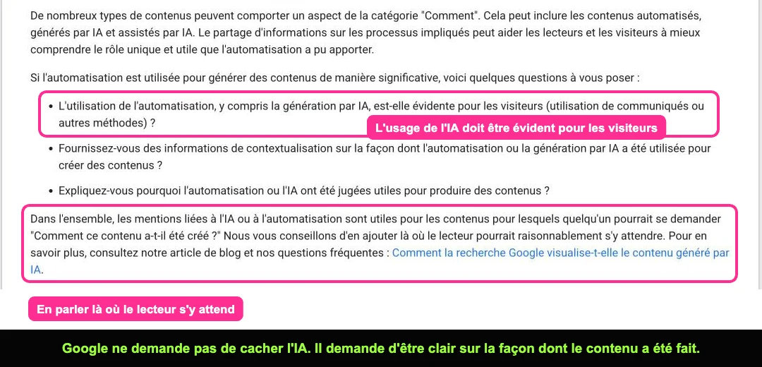 Documentation Google sur le contenu utile, passage sur l'utilisation de l'automatisation et de l'IA