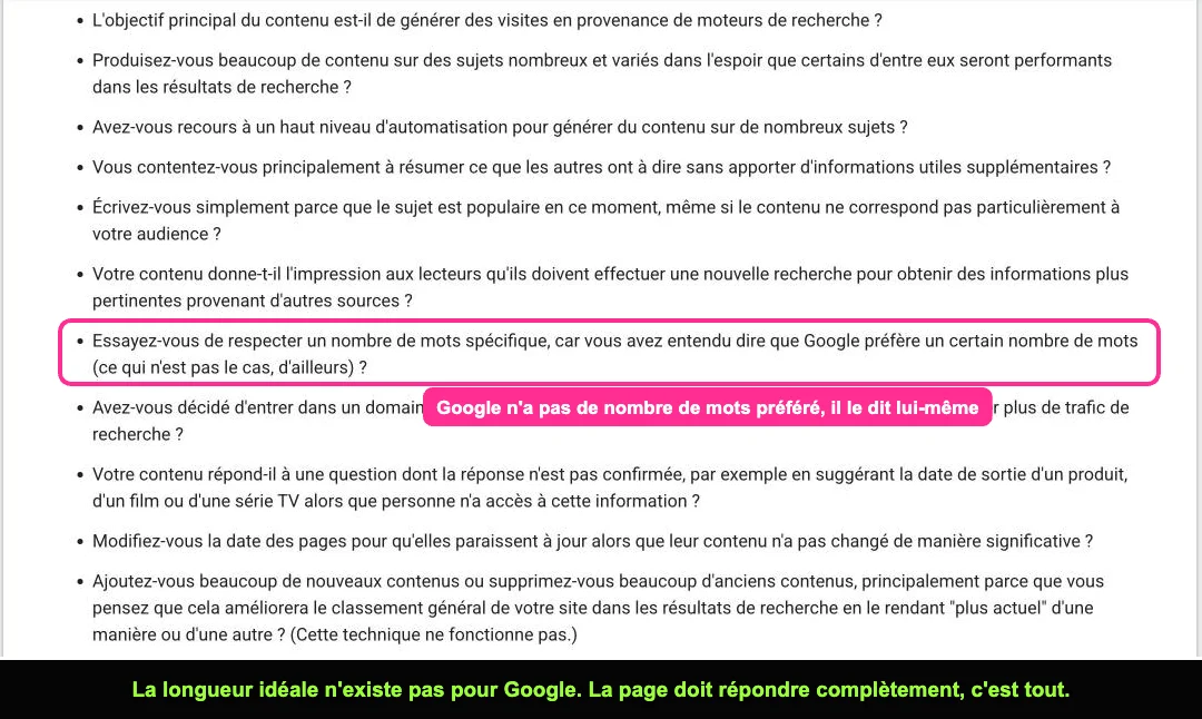 Documentation Google sur le contenu utile, question sur le nombre de mots