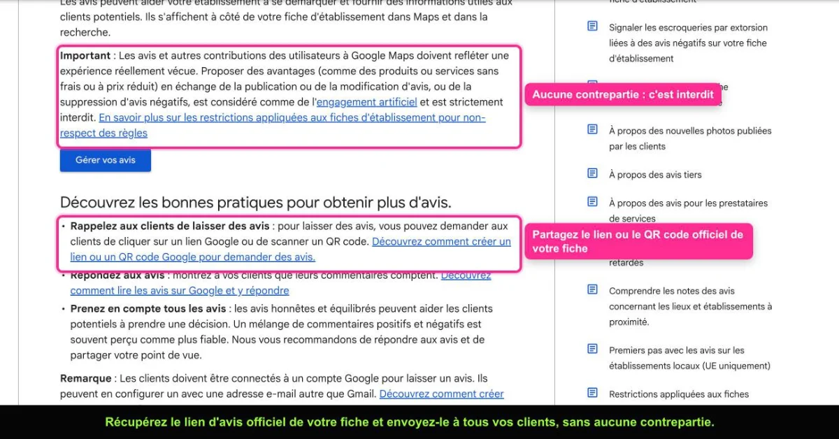 Page d'aide Google expliquant comment demander des avis clients avec un lien ou un QR code