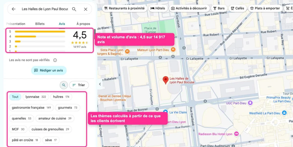 Onglet Avis d'une fiche Google Maps avec la note, le nombre d'avis et les thèmes extraits des commentaires