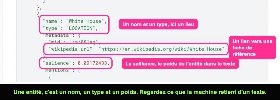 Réponse d'analyse d'entités de l'API Natural Language de Google avec type, lien de référence et score de saillance