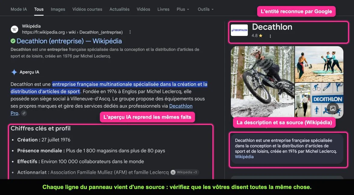 Panneau de connaissances Google d'une grande entreprise avec sa description sourcée et un aperçu IA qui reprend les mêmes faits