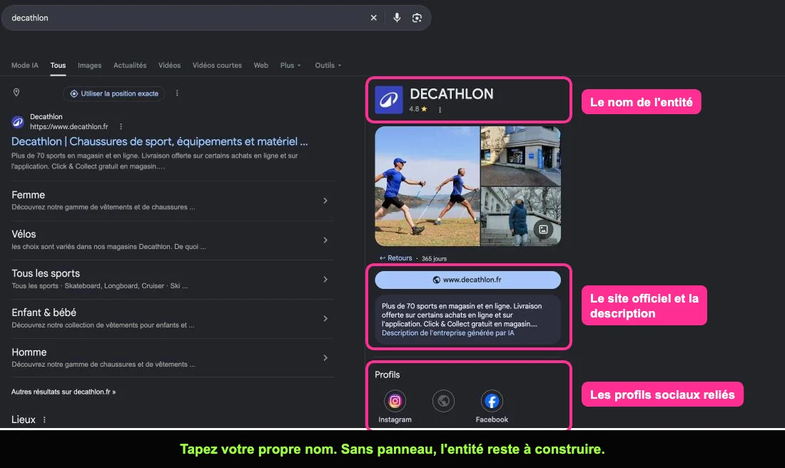 Panneau d'entreprise Google pour la marque Decathlon avec site, description et profils sociaux