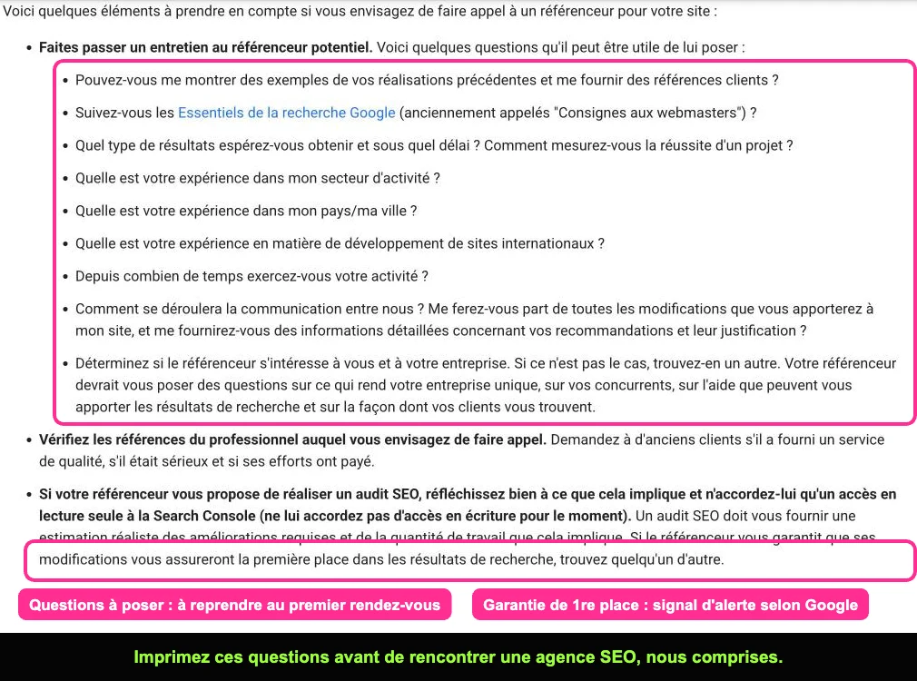 Page Google Search Central listant les questions à poser avant d'embaucher un référenceur