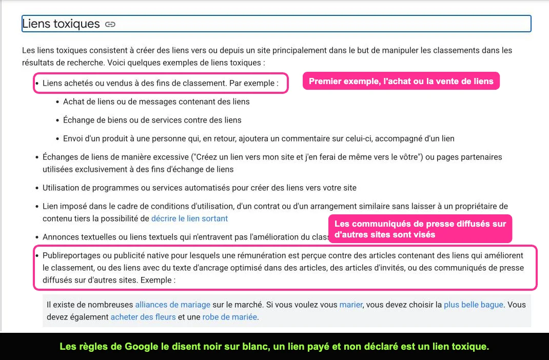 Section Liens toxiques des règles de Google concernant le spam, avec les exemples de liens achetés