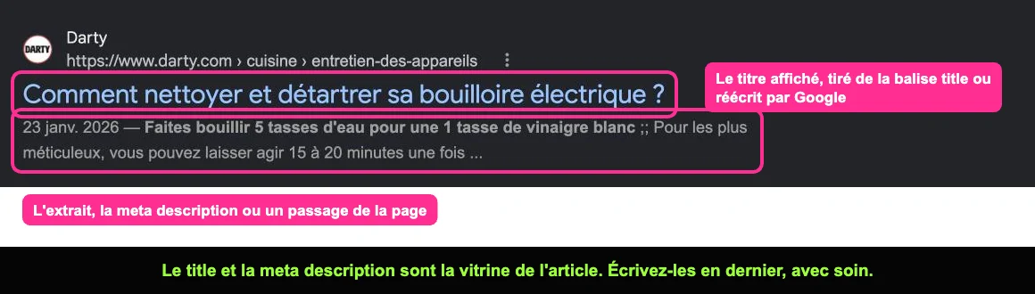 Résultat Google avec titre, URL et extrait d'un article sur le détartrage d'une bouilloire
