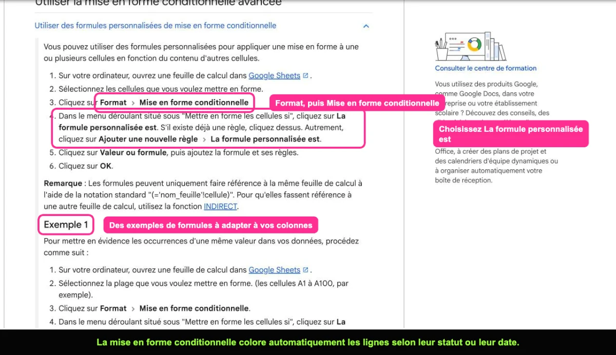 Aide Google Sheets sur la mise en forme conditionnelle avec formule personnalisée