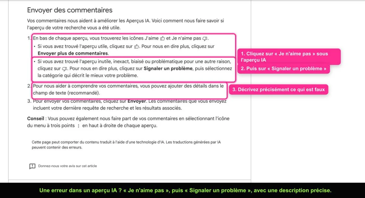Aide Google expliquant comment signaler une erreur dans un aperçu IA avec Je n'aime pas puis Signaler un problème
