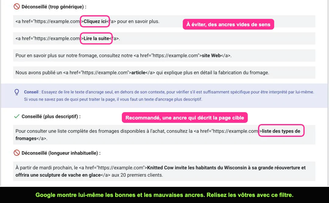 Documentation Google Search Central montrant des exemples de texte d'ancrage déconseillés et recommandés