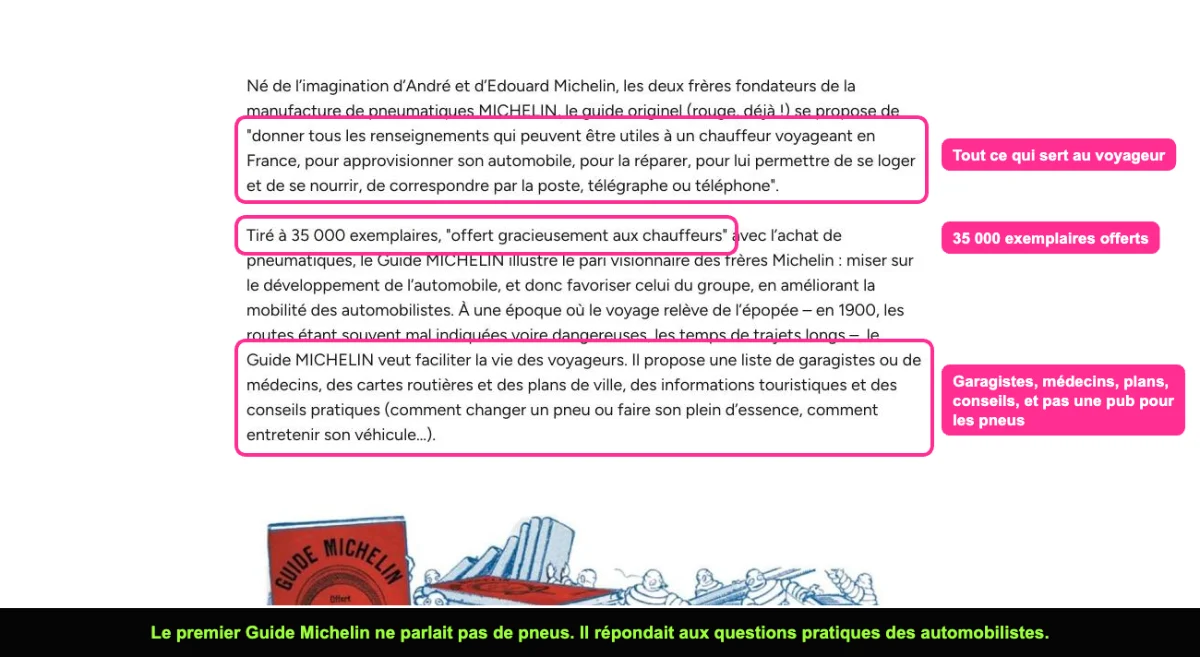 Page historique du Guide Michelin racontant la première édition de 1900 offerte aux automobilistes