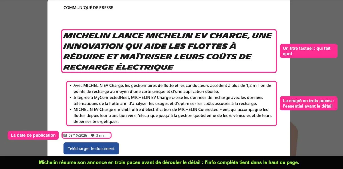 Communiqué de presse Michelin sur MICHELIN EV Charge avec titre, date et trois puces de résumé