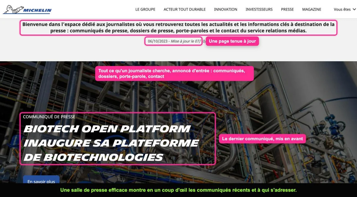 Espace presse en ligne de Michelin avec la présentation des ressources pour journalistes et le dernier communiqué