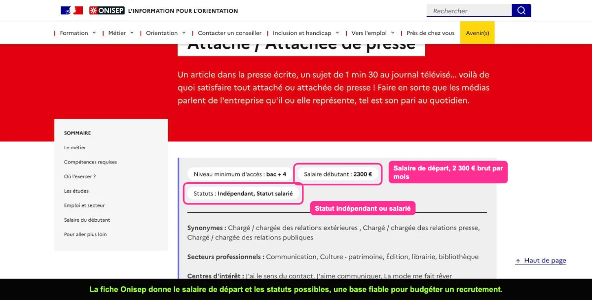 Fiche métier Onisep de l'attaché de presse avec salaire du débutant et statut