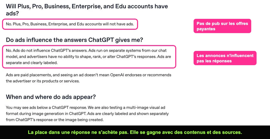 Aide OpenAI sur les publicités dans ChatGPT, qui n'influencent pas les réponses