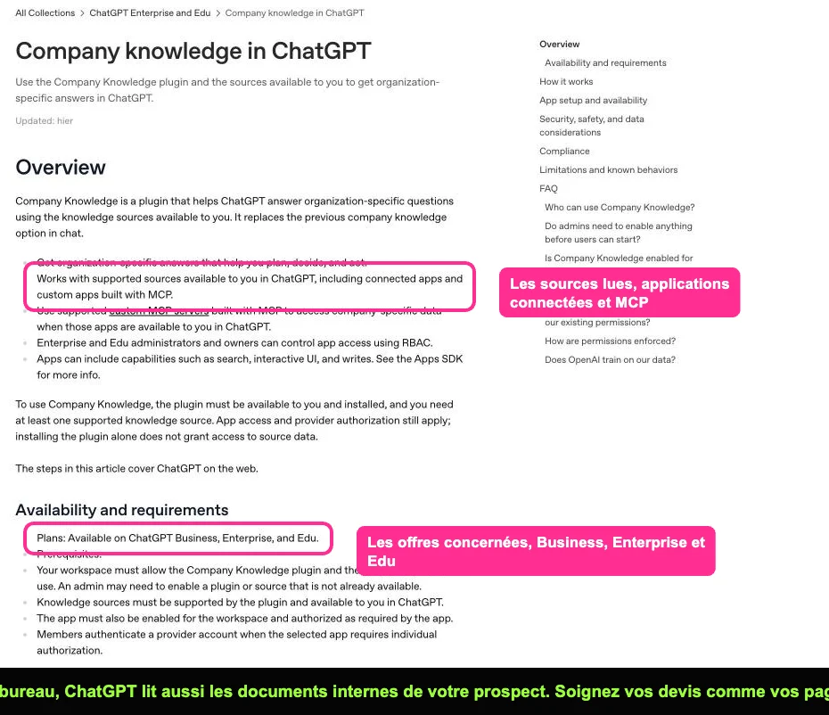 Article d'aide OpenAI sur le plugin Company Knowledge de ChatGPT Business, Enterprise et Edu