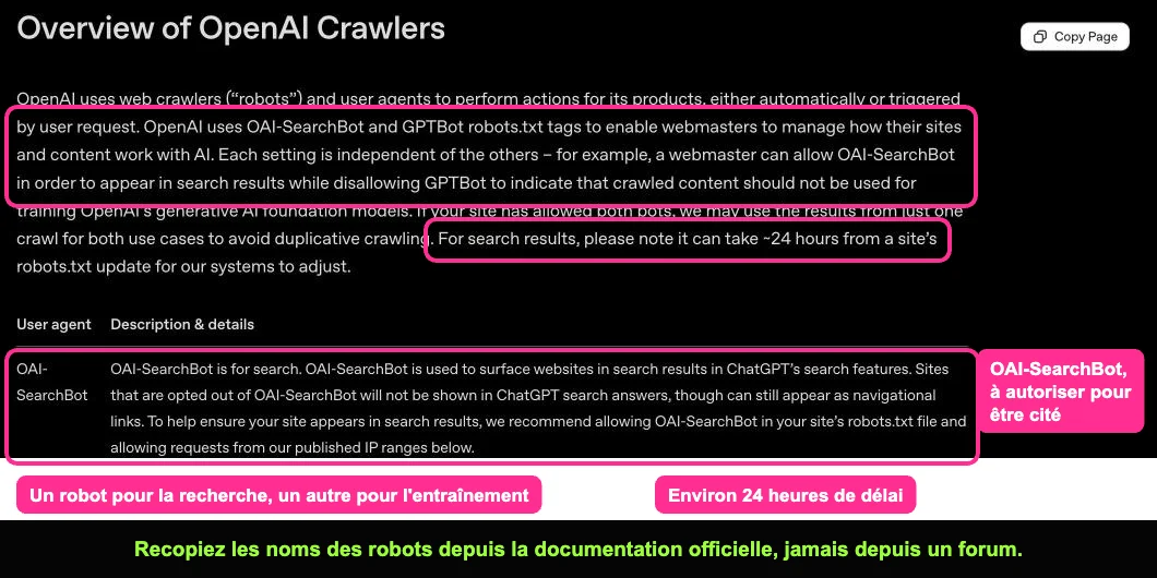 Documentation OpenAI présentant les robots OAI-SearchBot et GPTBot