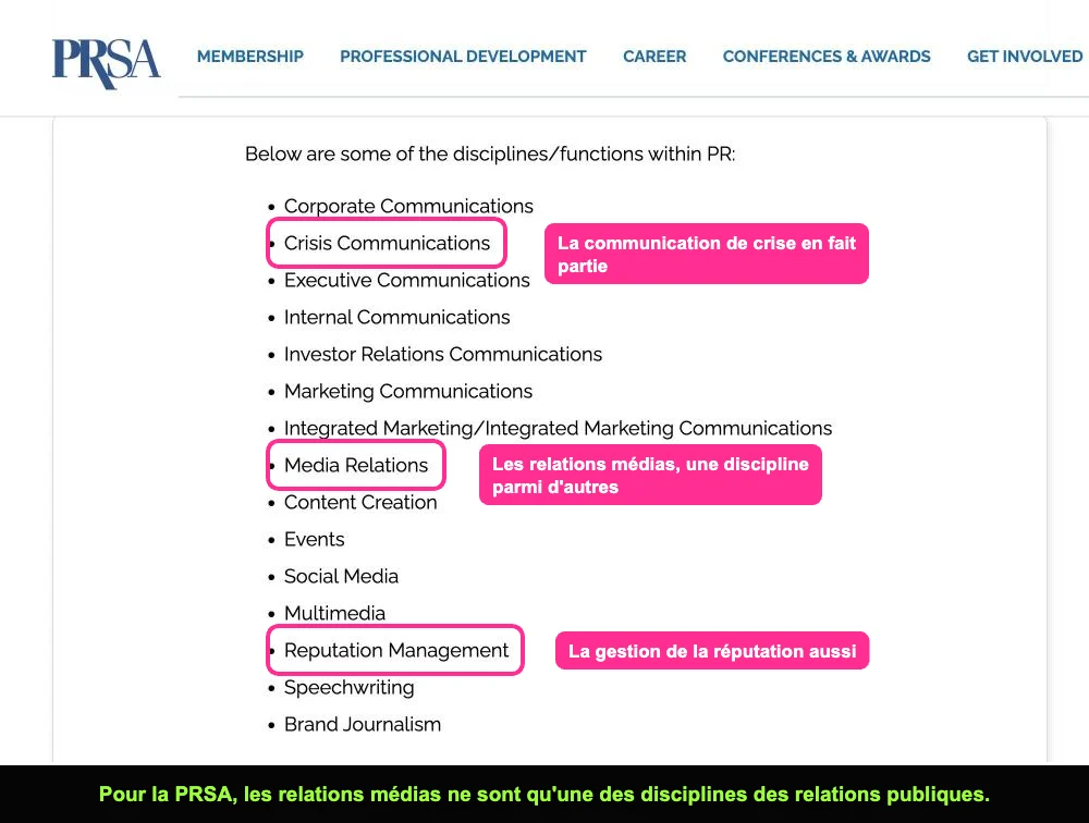 Liste des disciplines des relations publiques selon la PRSA, dont les relations médias et la communication de crise