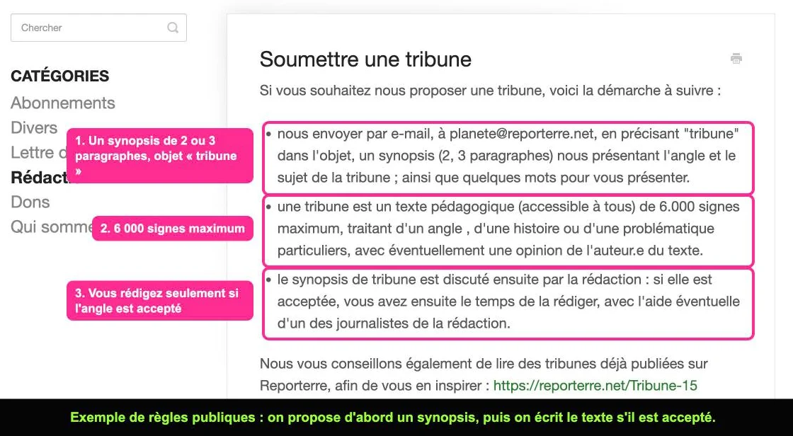 Page de Reporterre expliquant comment soumettre une tribune