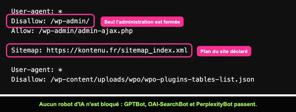 Fichier robots.txt de kontenu.fr qui ne bloque aucun robot d'IA