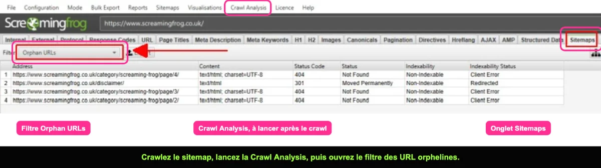 Tutoriel Screaming Frog montrant le filtre des URL orphelines dans l'onglet Sitemaps