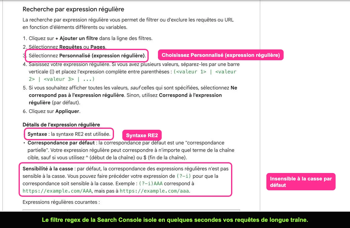 Aide Google Search Console sur le filtre par expression régulière dans le rapport Performances