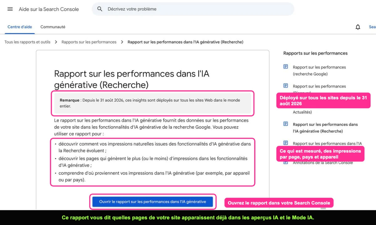 Aide Search Console sur le rapport sur les performances dans l'IA générative