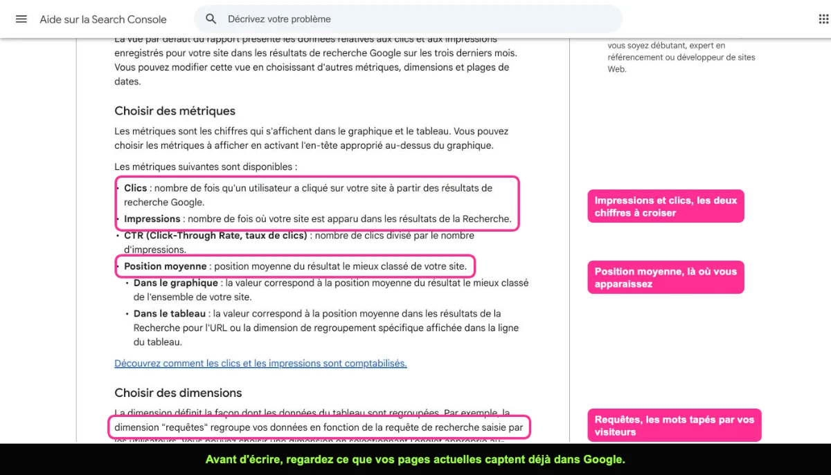 Aide Search Console décrivant les métriques du rapport sur les performances