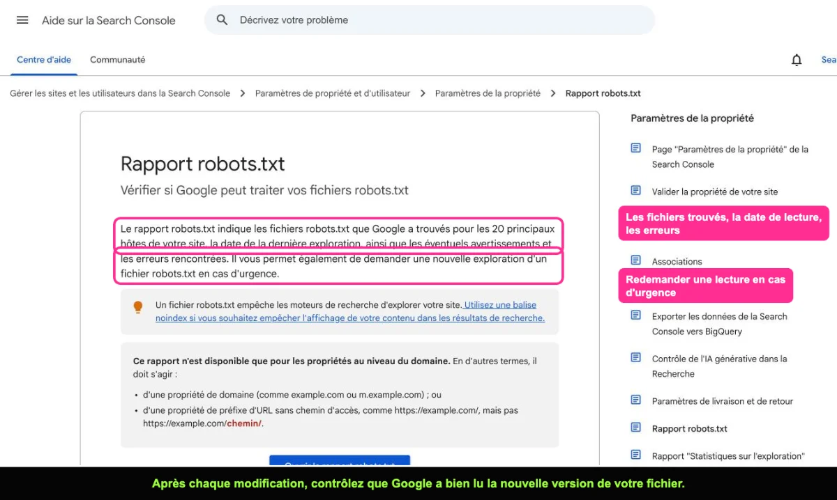 Aide Search Console sur le rapport robots.txt et la nouvelle exploration du fichier