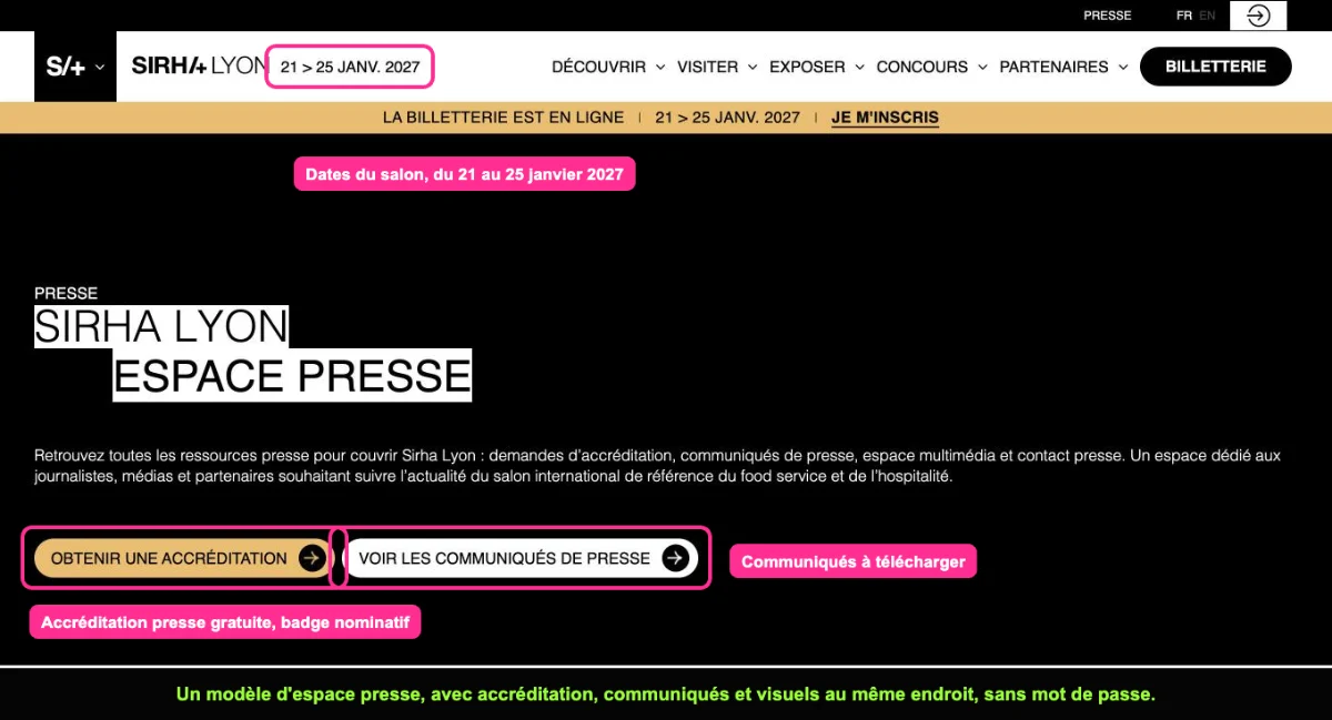Espace presse du salon Sirha Lyon avec accréditation et communiqués
