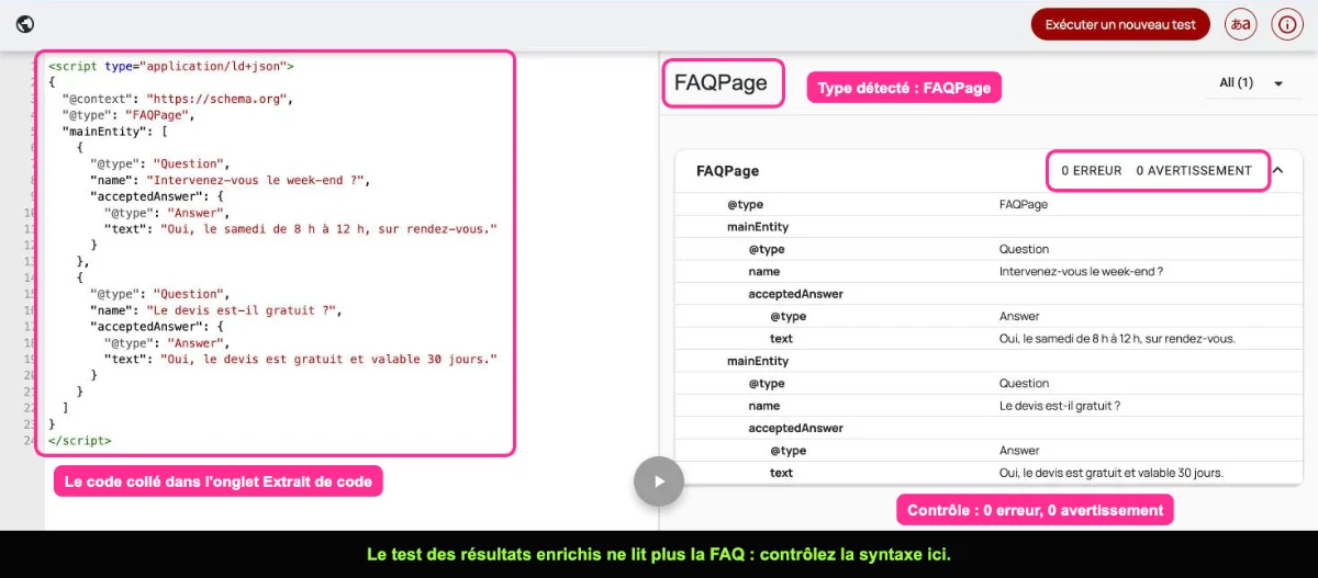 Validateur schema.org affichant un balisage FAQPage détecté avec deux questions et aucune erreur