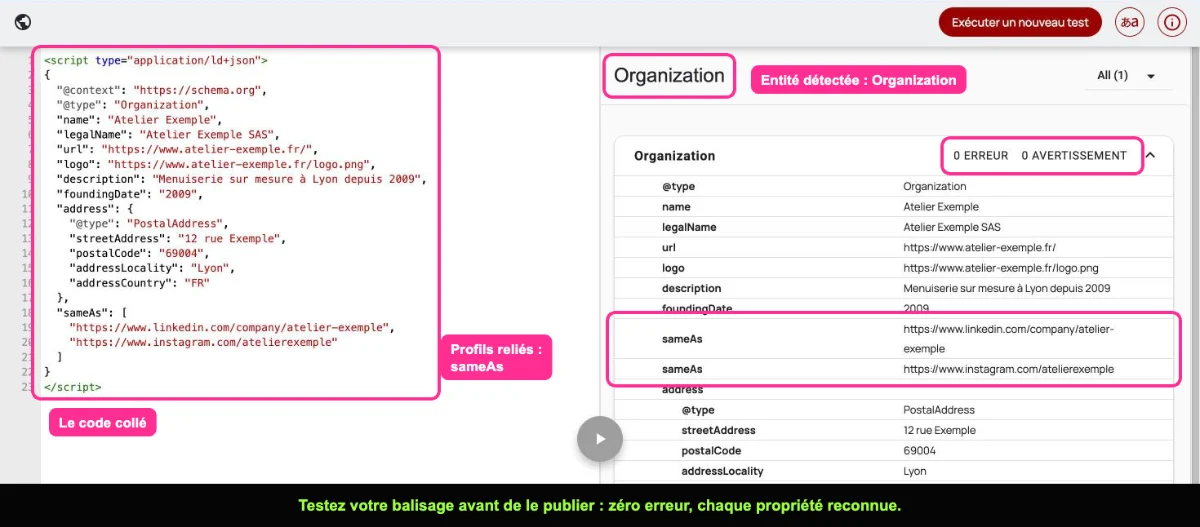 Validateur Schema.org affichant une entité Organization détectée avec ses propriétés