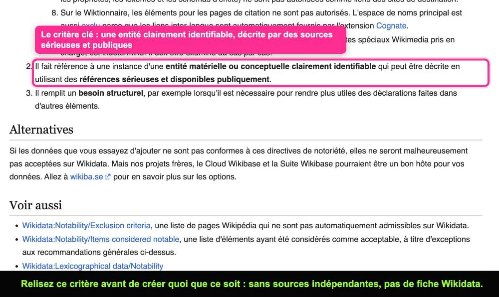 Page des critères de notabilité de Wikidata en français, avec le critère des sources sérieuses et publiques